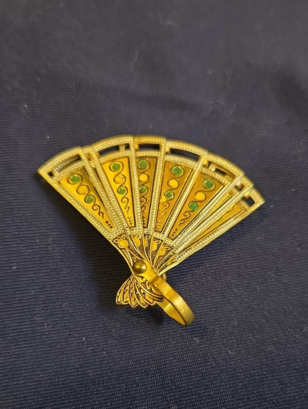 Vintage Damascene Gold Tone Fan Brooch with Green Enamel Accents
